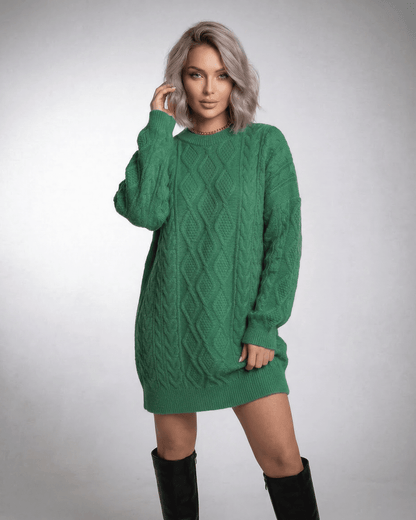 Nova Mini Dress in emerald green, cable knit texture, casual chic style by RAMBLION perfect for weekend outings.