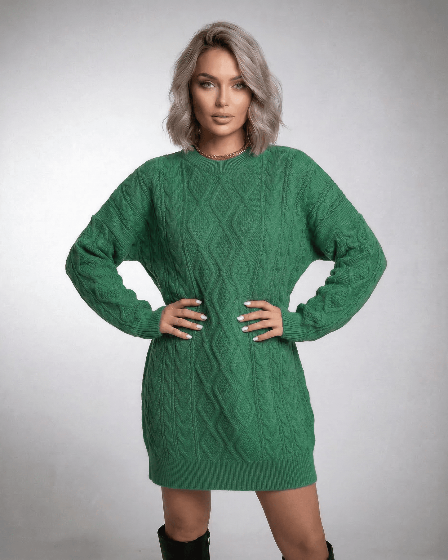 Nova Mini Dress in emerald green, cable knit texture, relaxed silhouette, perfect for casual outings, by RAMBLION.