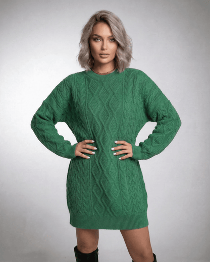 Nova Mini Dress in emerald green, cable knit texture, relaxed silhouette, perfect for casual outings, by RAMBLION.