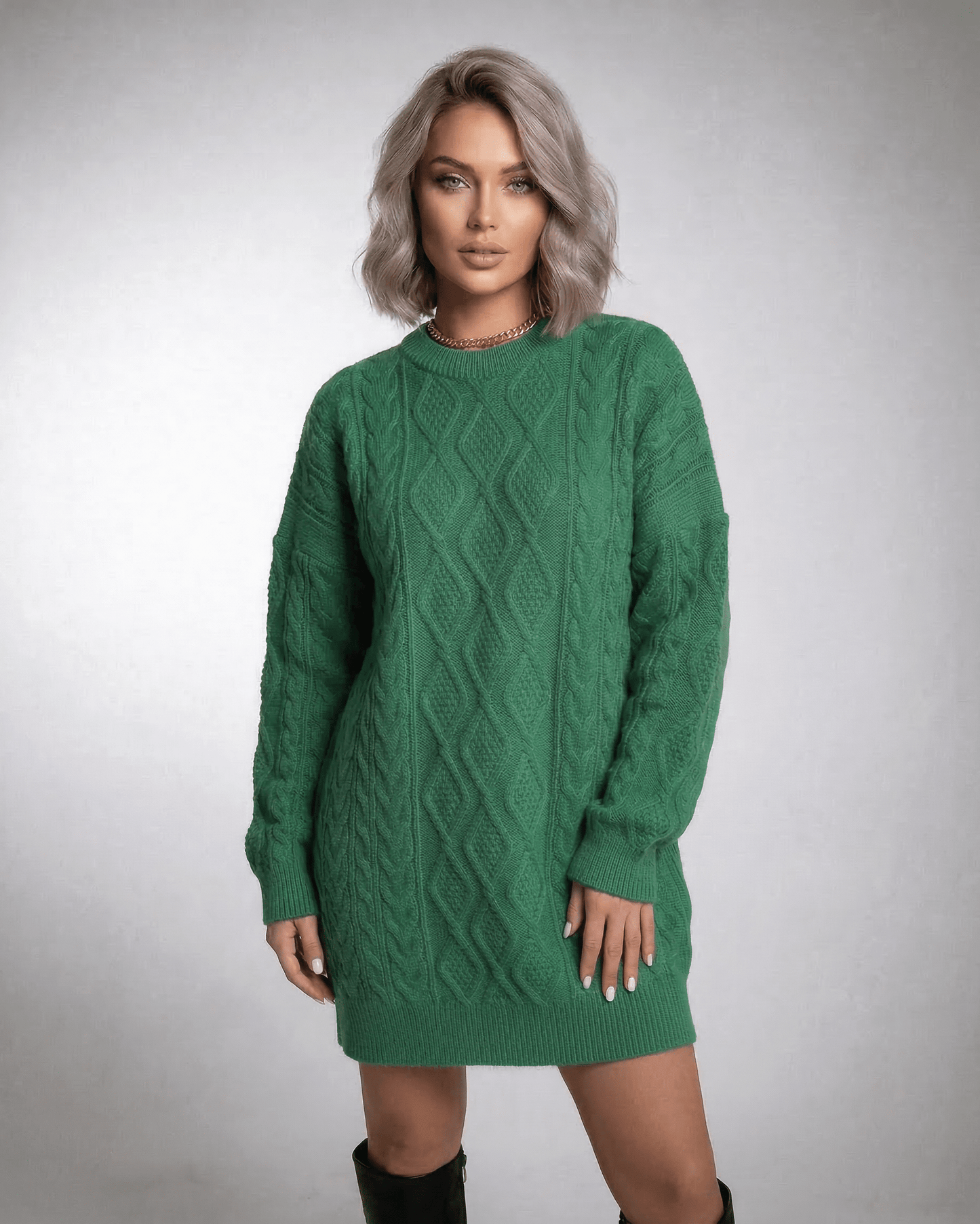 Nova Mini Dress by RAMBLION, green cable knit texture, relaxed fit, perfect for casual outings.