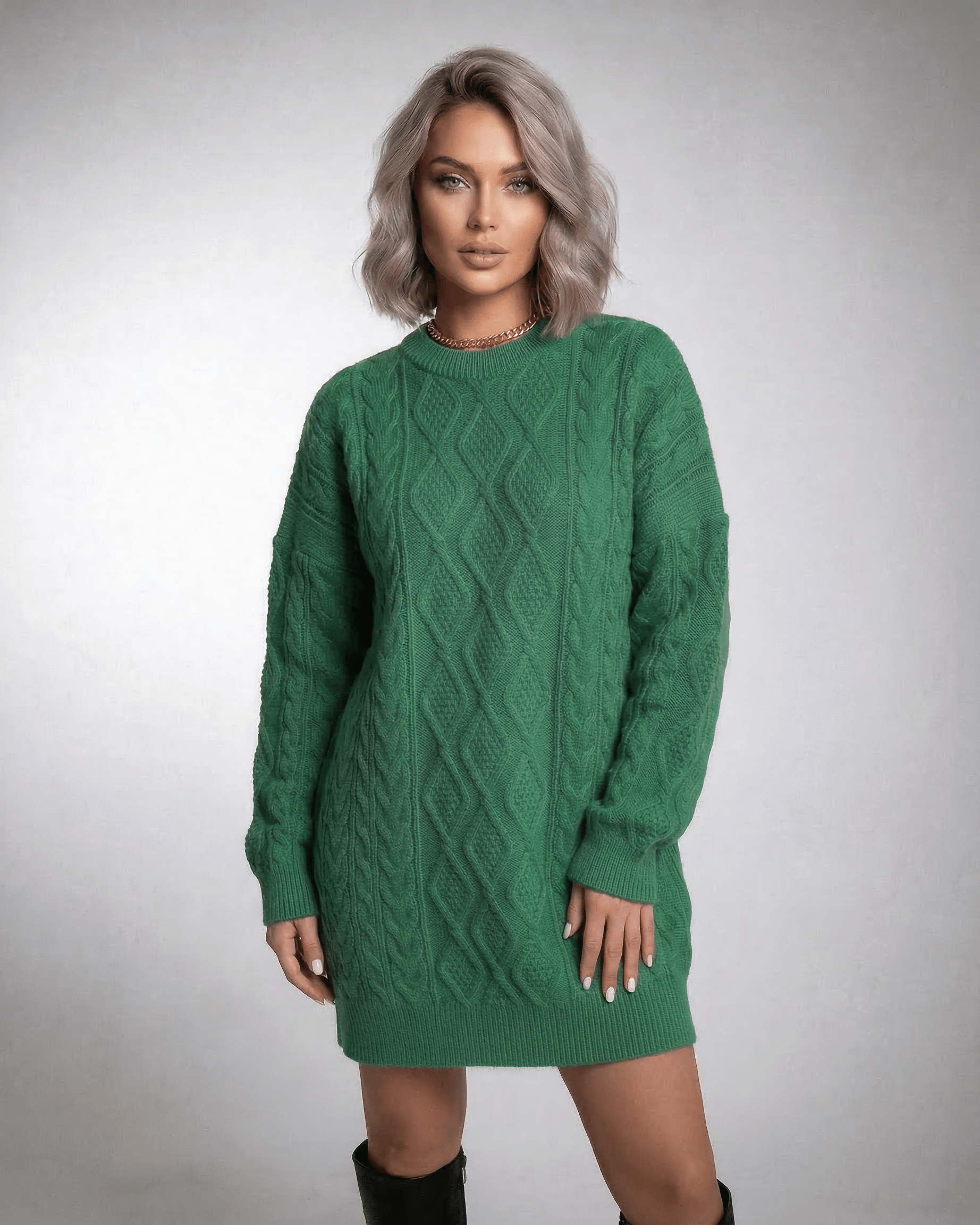 Nova Mini Dress by RAMBLION, green cable knit texture, relaxed fit, perfect for casual outings.