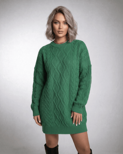 Nova Mini Dress by RAMBLION, green cable knit texture, relaxed fit, perfect for casual outings.
