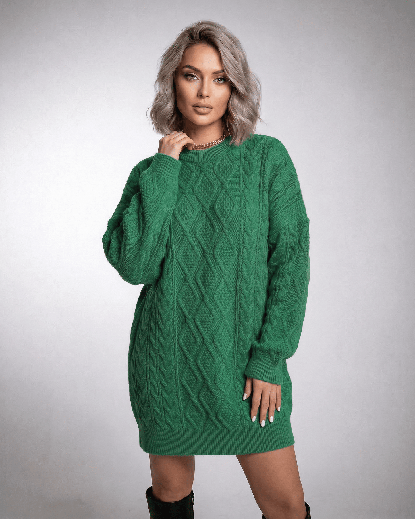 Nova Mini Dress in emerald green, featuring cable knit texture, perfect for casual outings by RAMBLION.