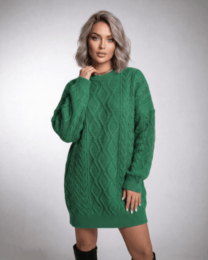 Nova Mini Dress in emerald green, featuring cable knit texture, perfect for casual outings by RAMBLION.