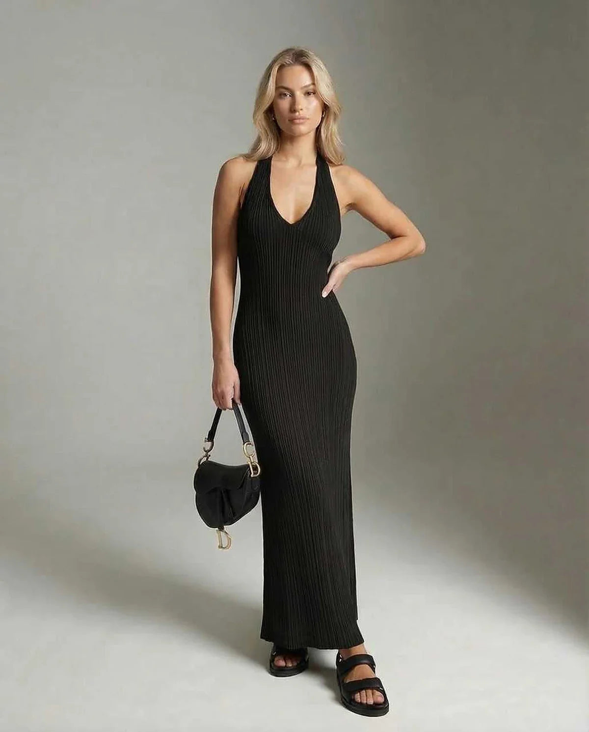 Black Satin Gown V-Neck Sleeveless Maxi Dress | Black-Tie Events & Cocktail Parties, front view | Ramblion | SKU: LMD-109384756-black-L-7681,LMD-109384756-black-M-2155,LMD-109384756-black-S-5056,LMD-109384756-black-XL-9143,LMD-109384756-black-XS-2650