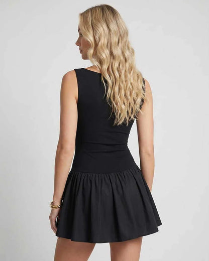 Black,beige,red,white Knit Flared Boat Neck Sleeveless Mini Dress | Evening Events & Cocktail Parties, back view | Ramblion | SKU: RB-A8F200-BLACK-L,RB-A8F200-BLACK-M,RB-A8F200-BLACK-S,RB-A8F200-BLACK-XL,RB-A8F200-BLACK-XS