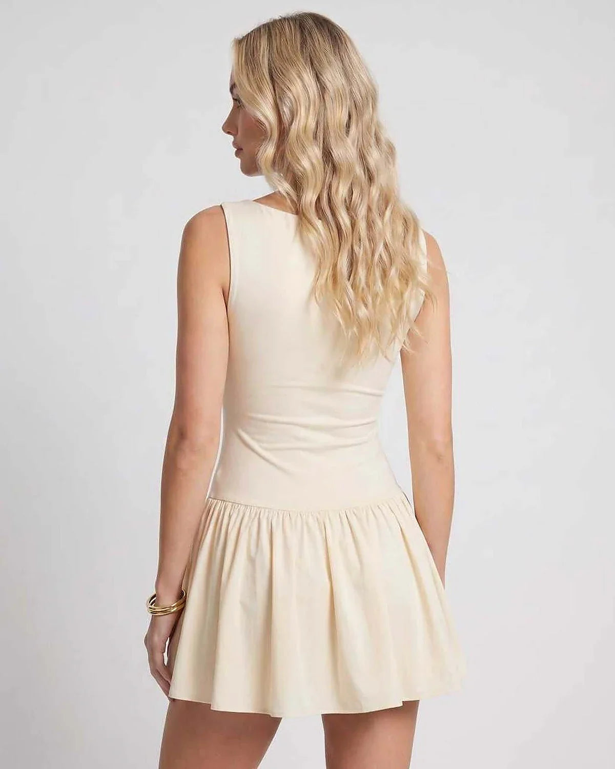 Black,beige,red,white Knit Flared Boat Neck Sleeveless Mini Dress | Evening Events & Cocktail Parties, back view | Ramblion | SKU: RB-A8F200-BEIGE-L,RB-A8F200-BEIGE-M,RB-A8F200-BEIGE-S,RB-A8F200-BEIGE-XL,RB-A8F200-BEIGE-XS
