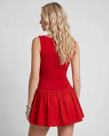 Black,beige,red,white Knit Flared Boat Neck Sleeveless Mini Dress | Evening Events & Cocktail Parties, back view | Ramblion | SKU: RB-A8F200-RED-L,RB-A8F200-RED-M,RB-A8F200-RED-S,RB-A8F200-RED-XL,RB-A8F200-RED-XS