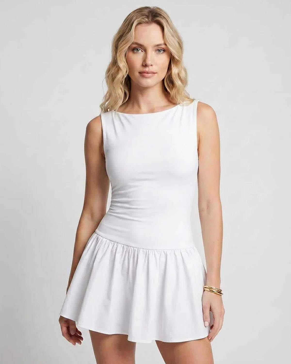 Black,beige,red,white Knit Flared Boat Neck Sleeveless Mini Dress | Evening Events & Cocktail Parties, front view | Ramblion