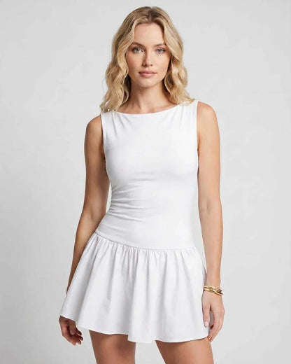 Black,beige,red,white Knit Flared Boat Neck Sleeveless Mini Dress | Evening Events & Cocktail Parties, front view | Ramblion