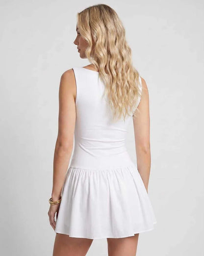 Black,beige,red,white Knit Flared Boat Neck Sleeveless Mini Dress | Evening Events & Cocktail Parties, back view | Ramblion | SKU: RB-A8F200-WHITE-L,RB-A8F200-WHITE-M,RB-A8F200-WHITE-S,RB-A8F200-WHITE-XL,RB-A8F200-WHITE-XS