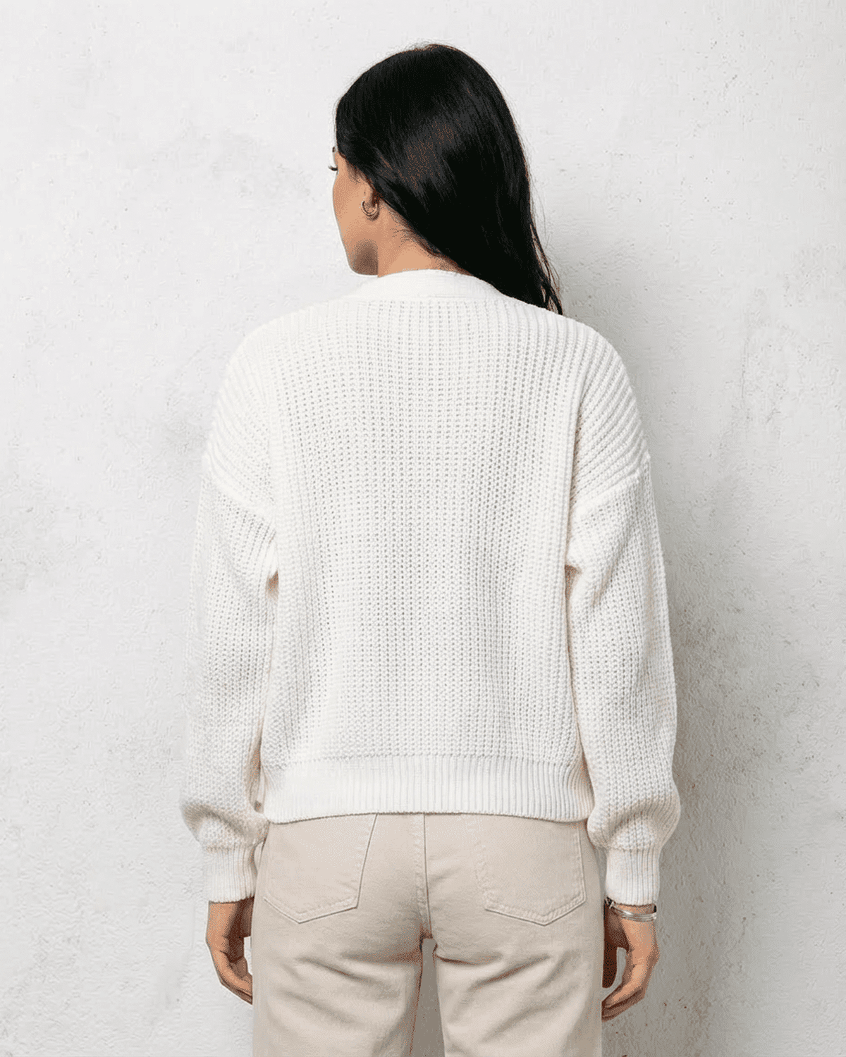 White Cardigan, back view | Ramblion | SKU: AC-76439-WHT-L-6593,AC-76439-WHT-M-4339,AC-76439-WHT-S-4365,AC-76439-WHT-XL-1255,AC-76439-WHT-XS-1215