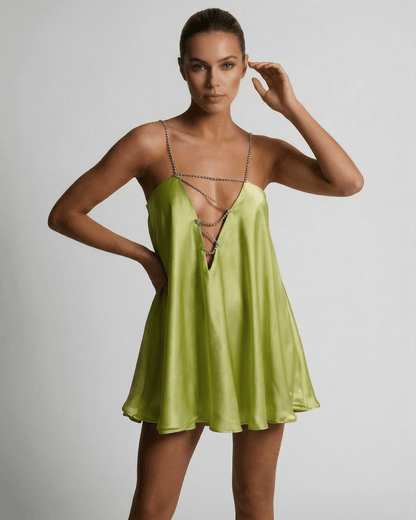 Nyra Mini Dress, green satin fabric, A-line silhouette, chic summer style by RAMBLION.