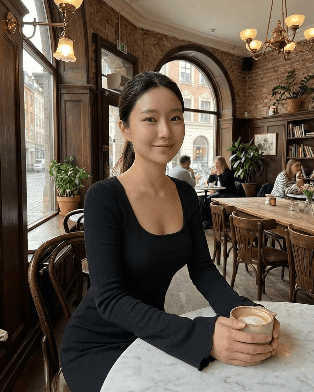Woman in a black Nyx Maxi Dress with square neckline sitting at a café table holding a cup.