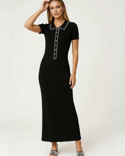 Oana Maxi Dress by RAMBLION, elegant black ankle-length design with structured collar, perfect for chic occasions.