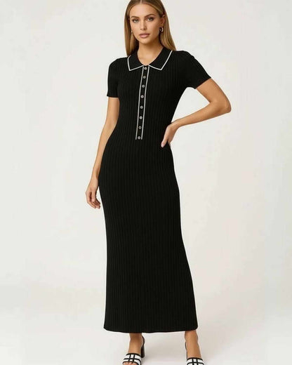 Oana Maxi Dress by RAMBLION, black ankle-length, structured collar, elegant for any occasion.