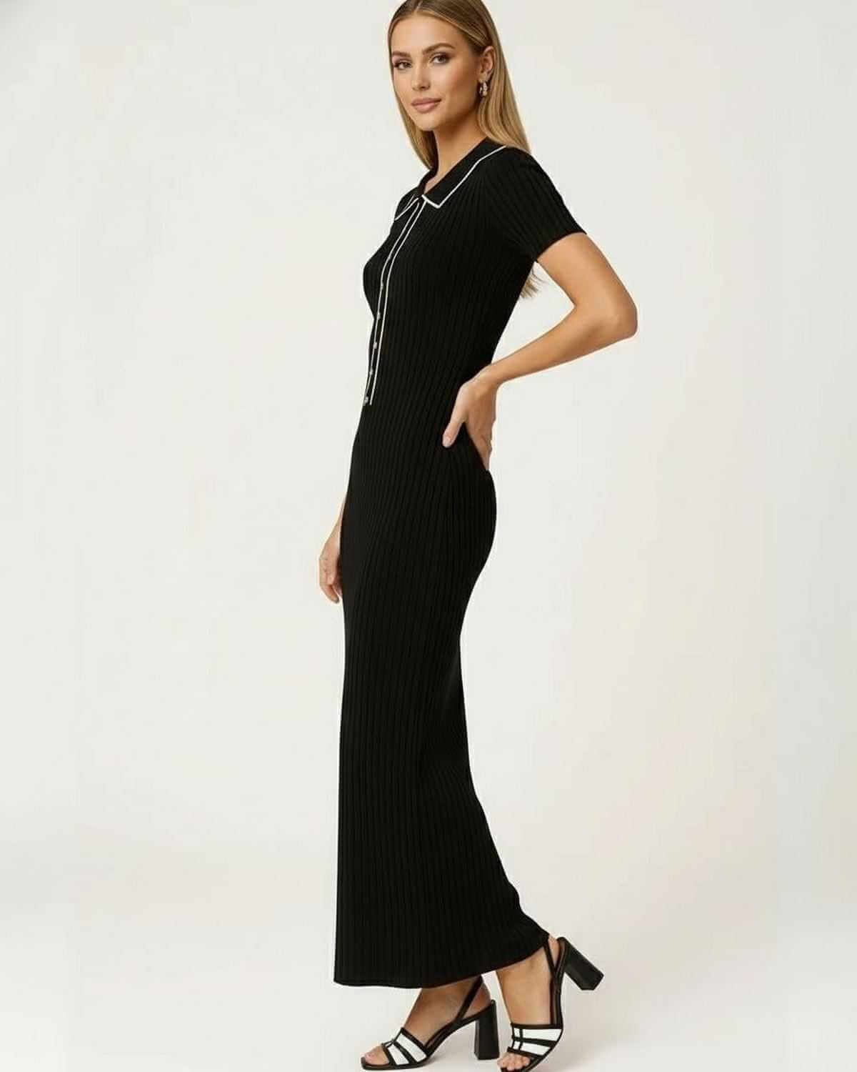 Oana Maxi Dress in black, featuring a round neck, structured collar, and front button placket, by RAMBLION.