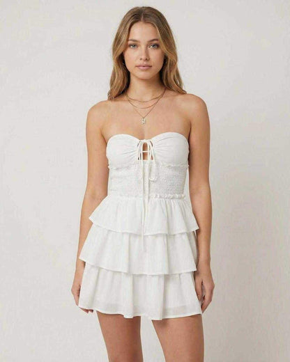 White Cotton A-line Bardot Neck Sleeveless Mini Dress | Formal Events, Celebrations, Everyday Wear & Casual Outings, front vi | SKU: CMD-58241-white-L-3764-9986,CMD-58241-white-M-2067-5064,CMD-58241-white-S-5553-4884,CMD-58241-white-XL-4903-8112,CMD-58241-white-XS-2409-5212