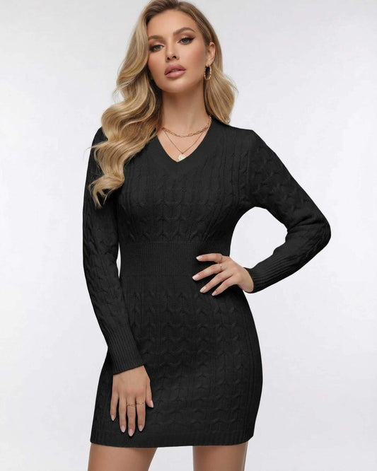 Obsidian Mini Dress in black, featuring a V-neck and cable knit texture, perfect for stylish occasions.