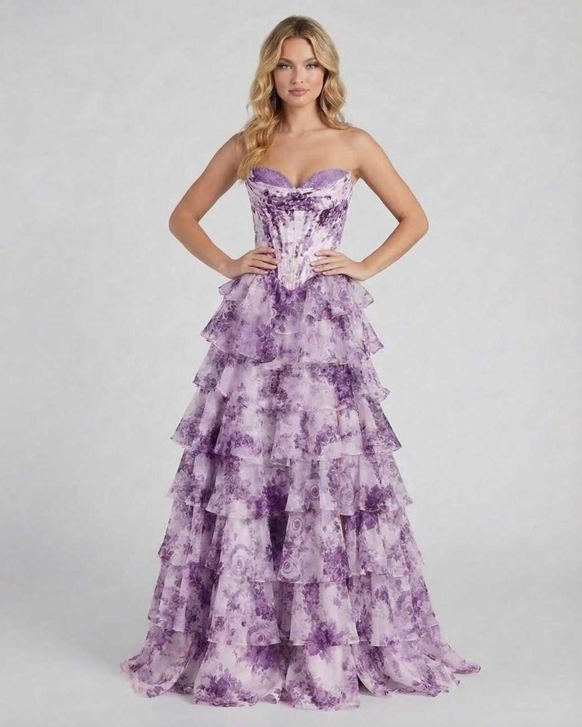 Odea Maxi Dress by RAMBLION, strapless, purple floral design, elegant ankle-length gown perfect for special occasions.