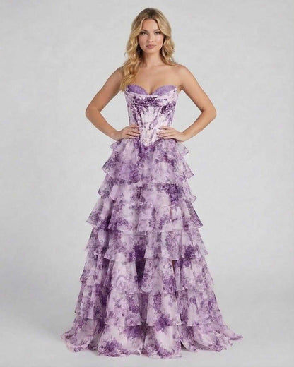 Odea Maxi Dress by RAMBLION, strapless, purple floral design, elegant ankle-length gown perfect for special occasions.