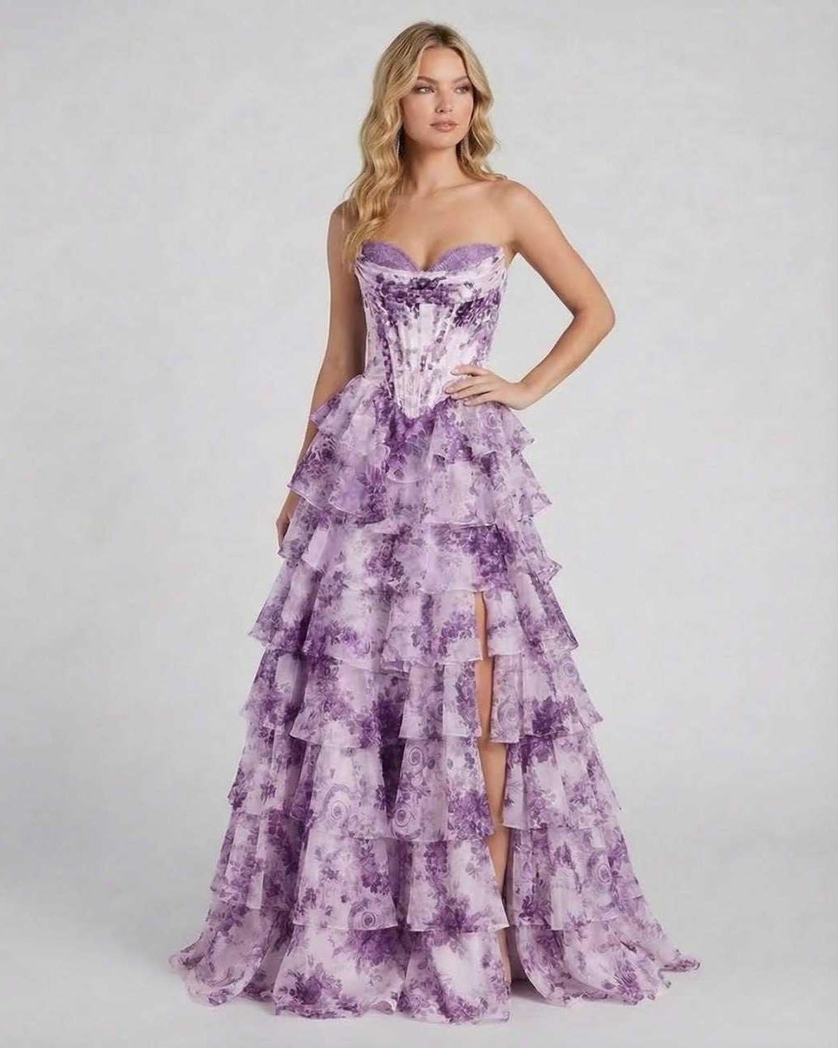 Odea Maxi Dress by RAMBLION, strapless purple gown with floral design, perfect for elegant occasions.