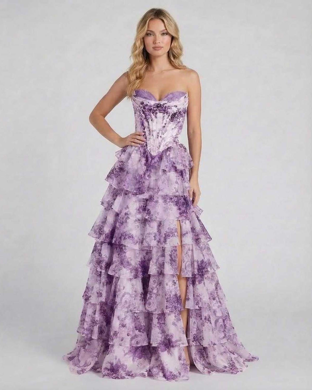 Odea Maxi Dress by RAMBLION, elegant purple floral design, strapless, perfect for special occasions, cascading chiffon skirt.