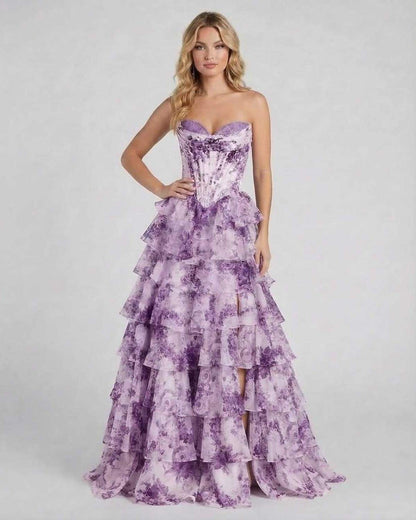 Odea Maxi Dress in purple with tiered chiffon skirt, ideal for elegant occasions, by RAMBLION.