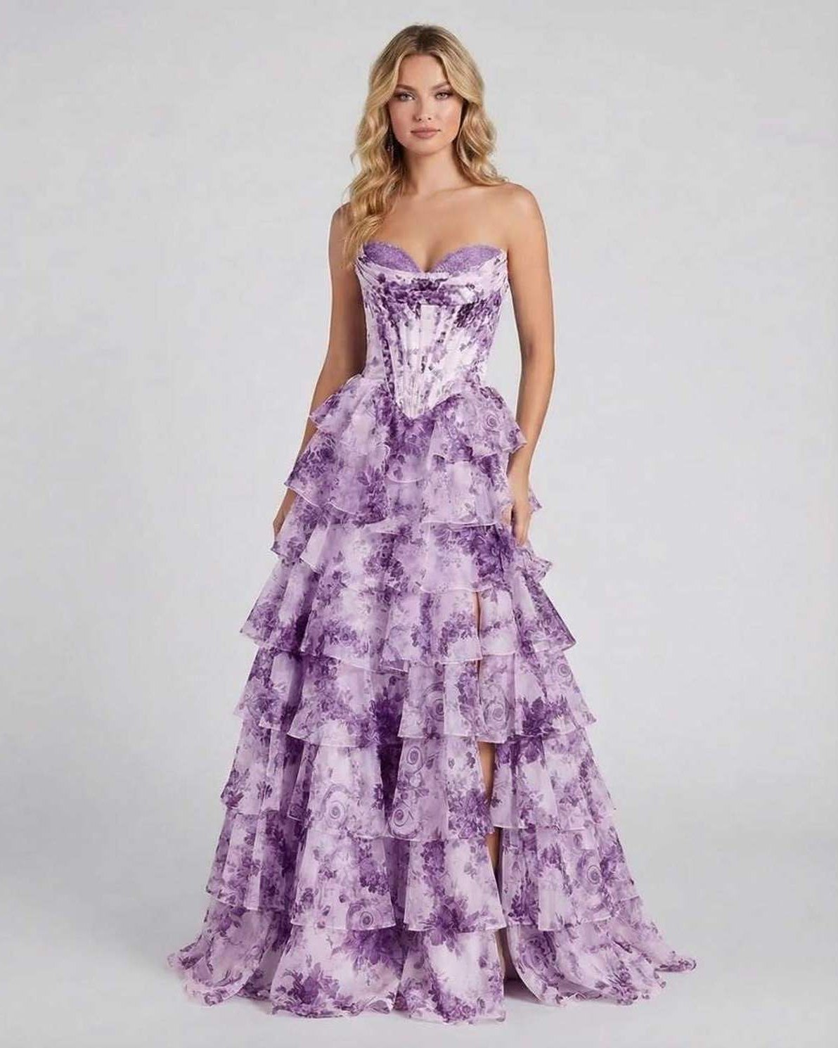 Odea Maxi Dress in purple floral design, strapless, flowing chiffon skirt, elegant for formal occasions by RAMBLION.