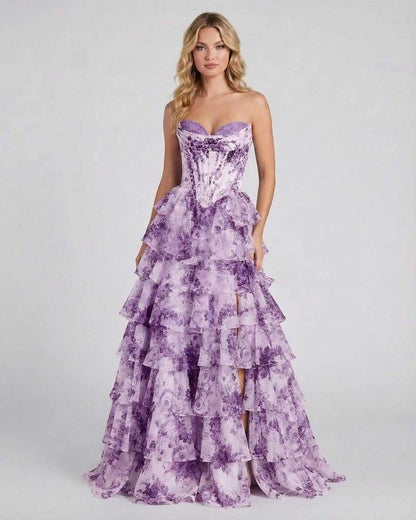 Odea Maxi Dress in purple floral design, strapless, flowing chiffon skirt, elegant for formal occasions by RAMBLION.