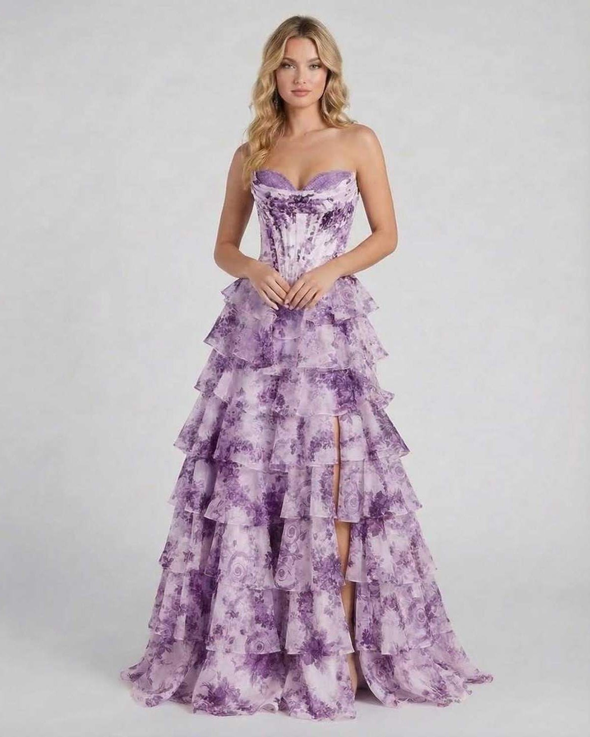 Odea Maxi Dress in purple floral design, strapless, elegant tiered chiffon skirt by RAMBLION, perfect for special occasions.
