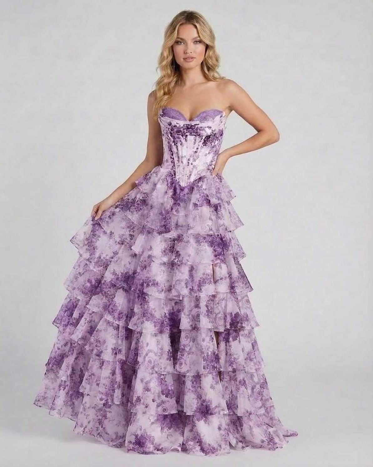 Odea Maxi Dress - Strapless, purple floral, tiered chiffon skirt, elegant silhouette, perfect for special occasions - by RAMBLION.