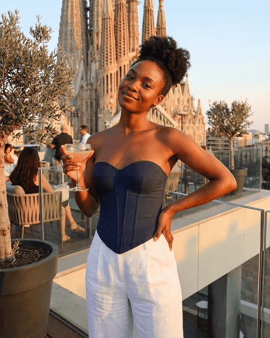 Odra Corset Top by RAMBLION, navy faux denim, chic look, perfect for stylish evenings out.