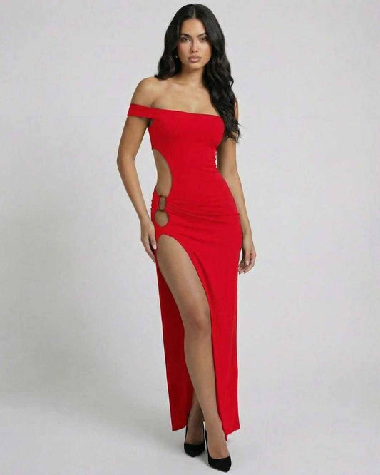 Ola Maxi Dress in bold red, off shoulder design, leg slit, elegant style by RAMBLION for glamorous occasions.