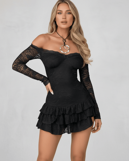 Ola Mini Dress by RAMBLION, features black lace, off-the-shoulder neckline, ruffled hem for elegant occasions.