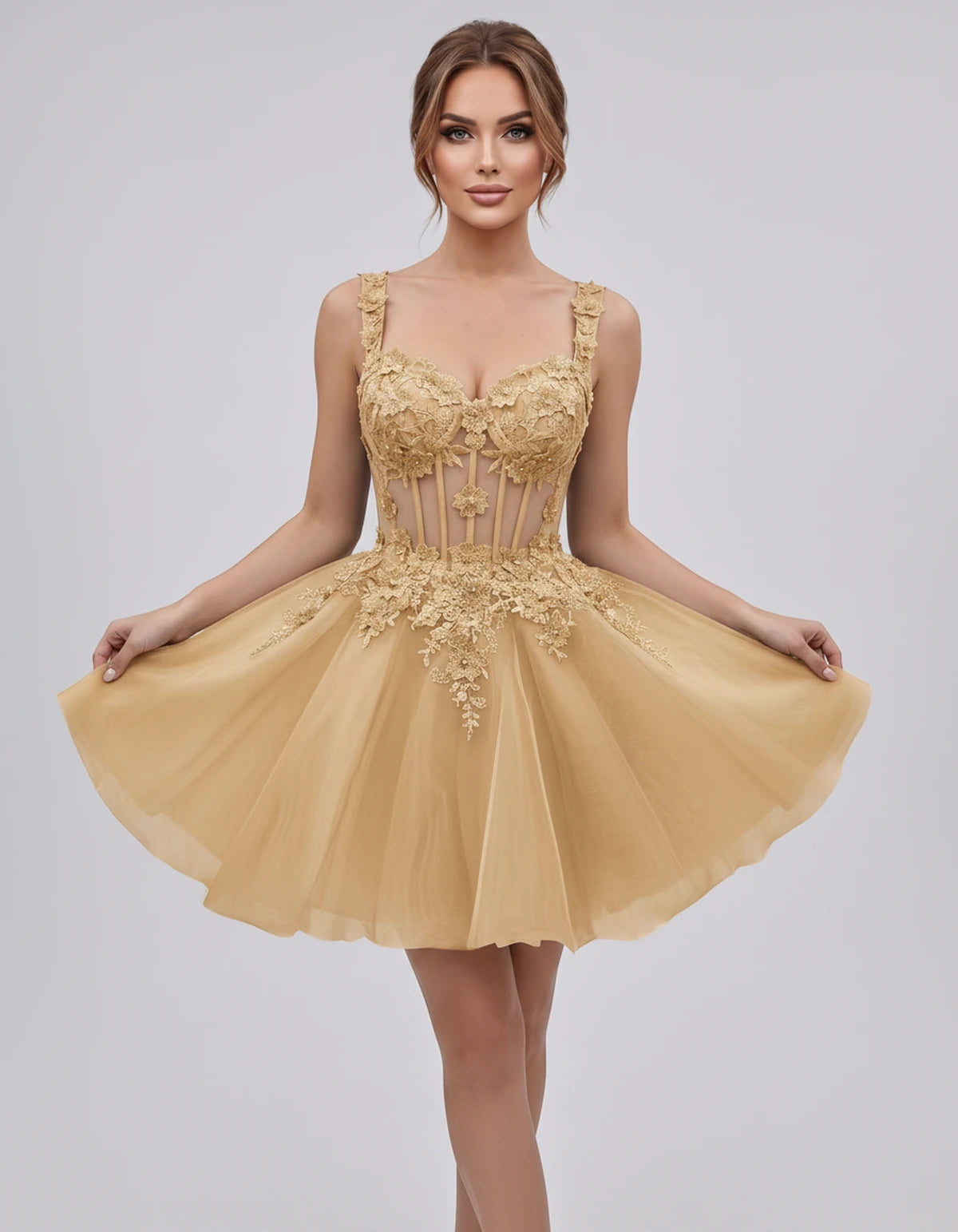Oleander Mini Dresses — Champagne | SKU: RB-9776b0-champa2e-2,RB-9776b0-champa2e-4,RB-9776b0-champa2e-6,RB-9776b0-champa2e-8,RB-9776b0-champa2e-10,RB-9776b0-champa2e-12,RB-9776b0-champa2e-14,RB-9776b0-champa2e-14W,RB-9776b0-champa2e-16,RB-9776b0-champa2e-16W,RB-9776b0-champa2e-18W,RB-9776b0-champa2e-20W