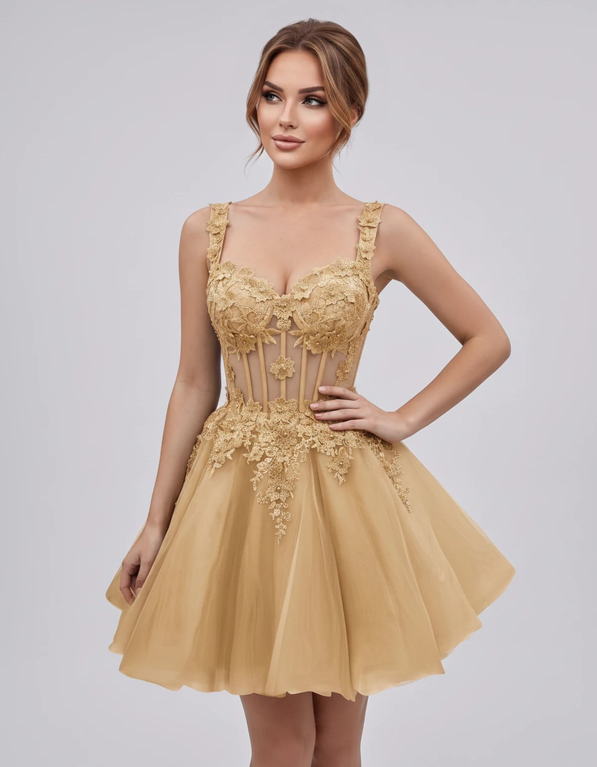 Oleander Mini Dresses — Champagne | SKU: RB-9776b0-champa2e-2,RB-9776b0-champa2e-4,RB-9776b0-champa2e-6,RB-9776b0-champa2e-8,RB-9776b0-champa2e-10,RB-9776b0-champa2e-12,RB-9776b0-champa2e-14,RB-9776b0-champa2e-14W,RB-9776b0-champa2e-16,RB-9776b0-champa2e-16W,RB-9776b0-champa2e-18W,RB-9776b0-champa2e-20W
