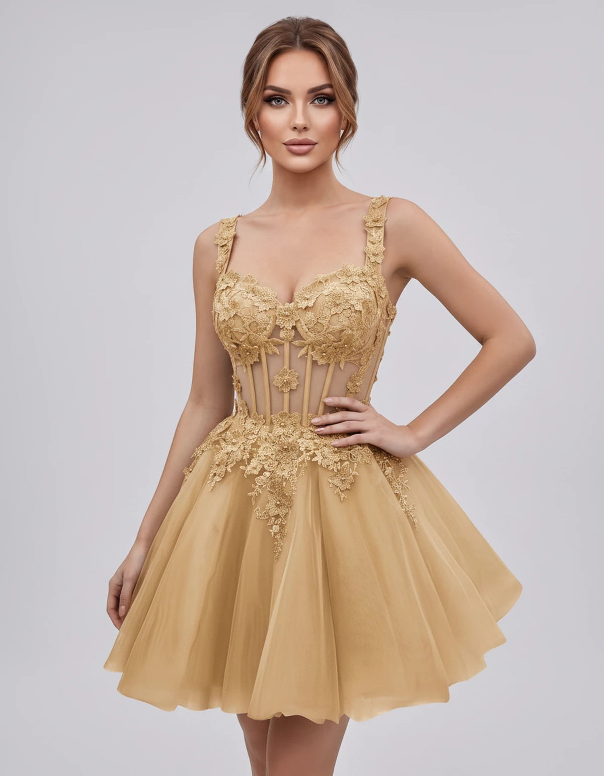 Oleander Mini Dresses — Champagne | SKU: RB-9776b0-champa2e-2,RB-9776b0-champa2e-4,RB-9776b0-champa2e-6,RB-9776b0-champa2e-8,RB-9776b0-champa2e-10,RB-9776b0-champa2e-12,RB-9776b0-champa2e-14,RB-9776b0-champa2e-14W,RB-9776b0-champa2e-16,RB-9776b0-champa2e-16W,RB-9776b0-champa2e-18W,RB-9776b0-champa2e-20W