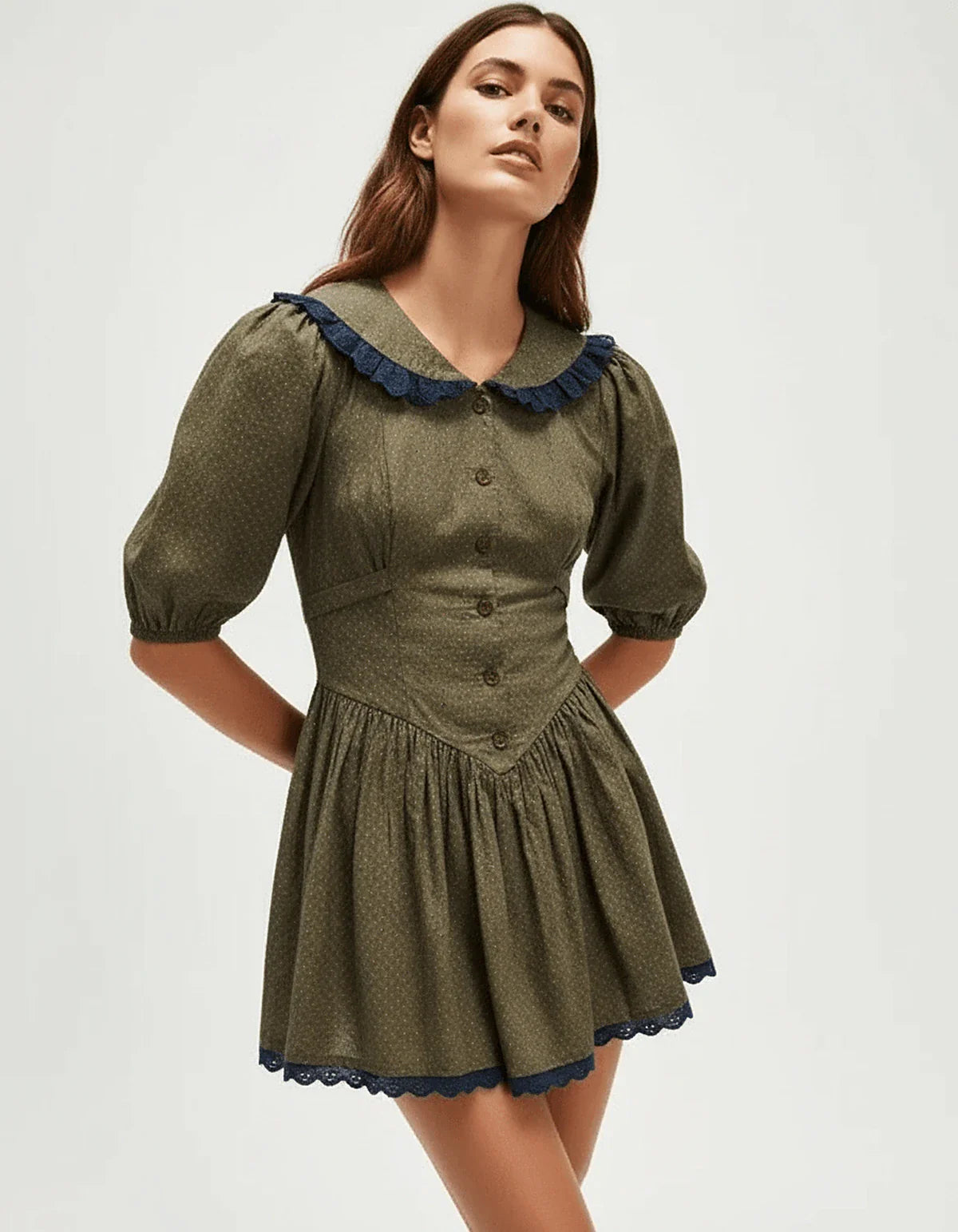 Olive A-line Round Neck Short Sleeve Mini Dress | Wedding Season, front view | Ramblion | SKU: AML-307158492-olive-L-728,AML-307158492-olive-M-1484,AML-307158492-olive-S-3609,AML-307158492-olive-XL-5824,AML-307158492-olive-XS-2260
