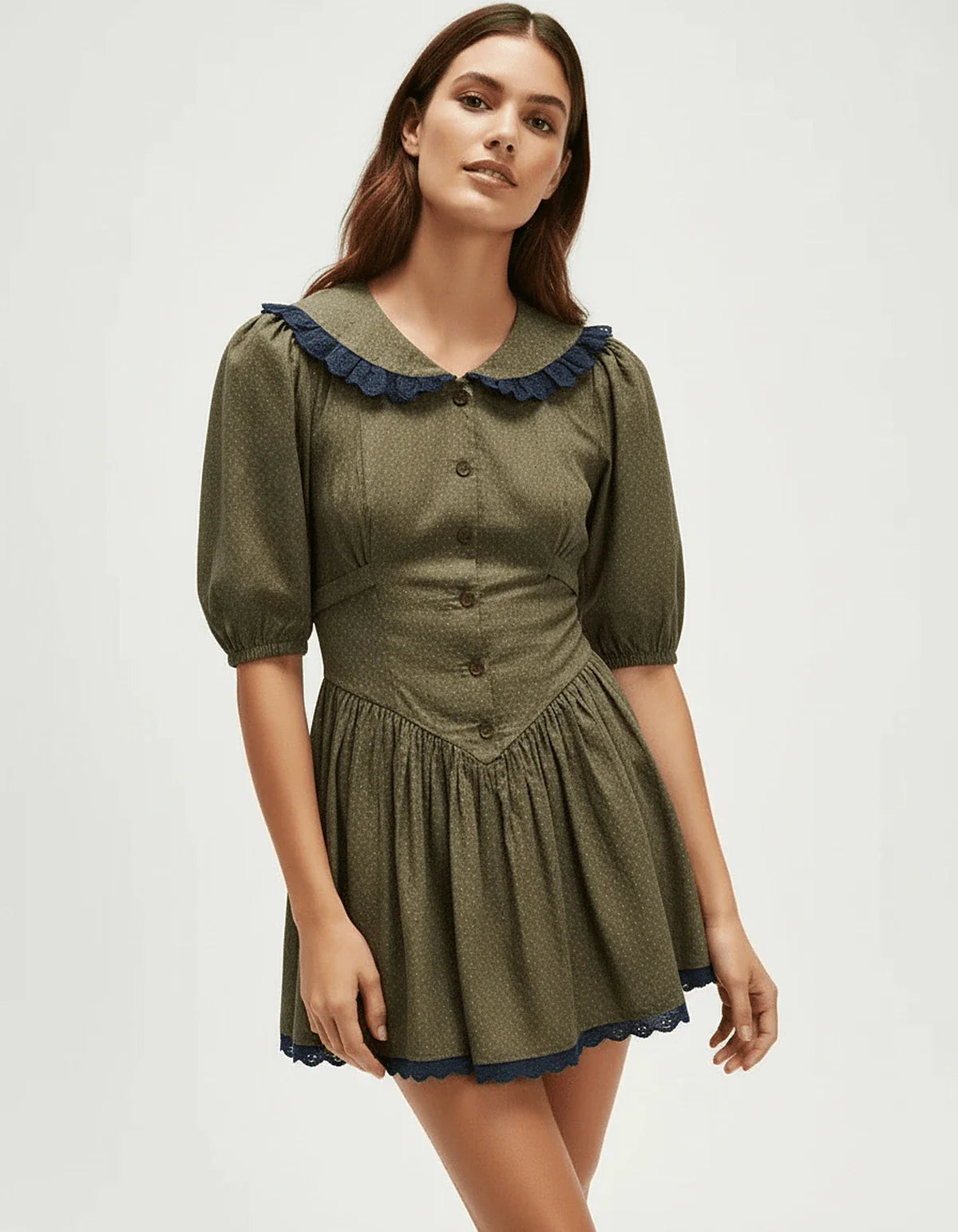 Olive A-line Round Neck Short Sleeve Mini Dress | Wedding Season, front view | Ramblion | SKU: AML-307158492-olive-L-728,AML-307158492-olive-M-1484,AML-307158492-olive-S-3609,AML-307158492-olive-XL-5824,AML-307158492-olive-XS-2260