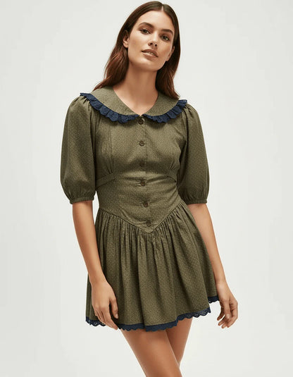 Olive A-line Round Neck Short Sleeve Mini Dress | Wedding Season, front view | Ramblion | SKU: AML-307158492-olive-L-728,AML-307158492-olive-M-1484,AML-307158492-olive-S-3609,AML-307158492-olive-XL-5824,AML-307158492-olive-XS-2260