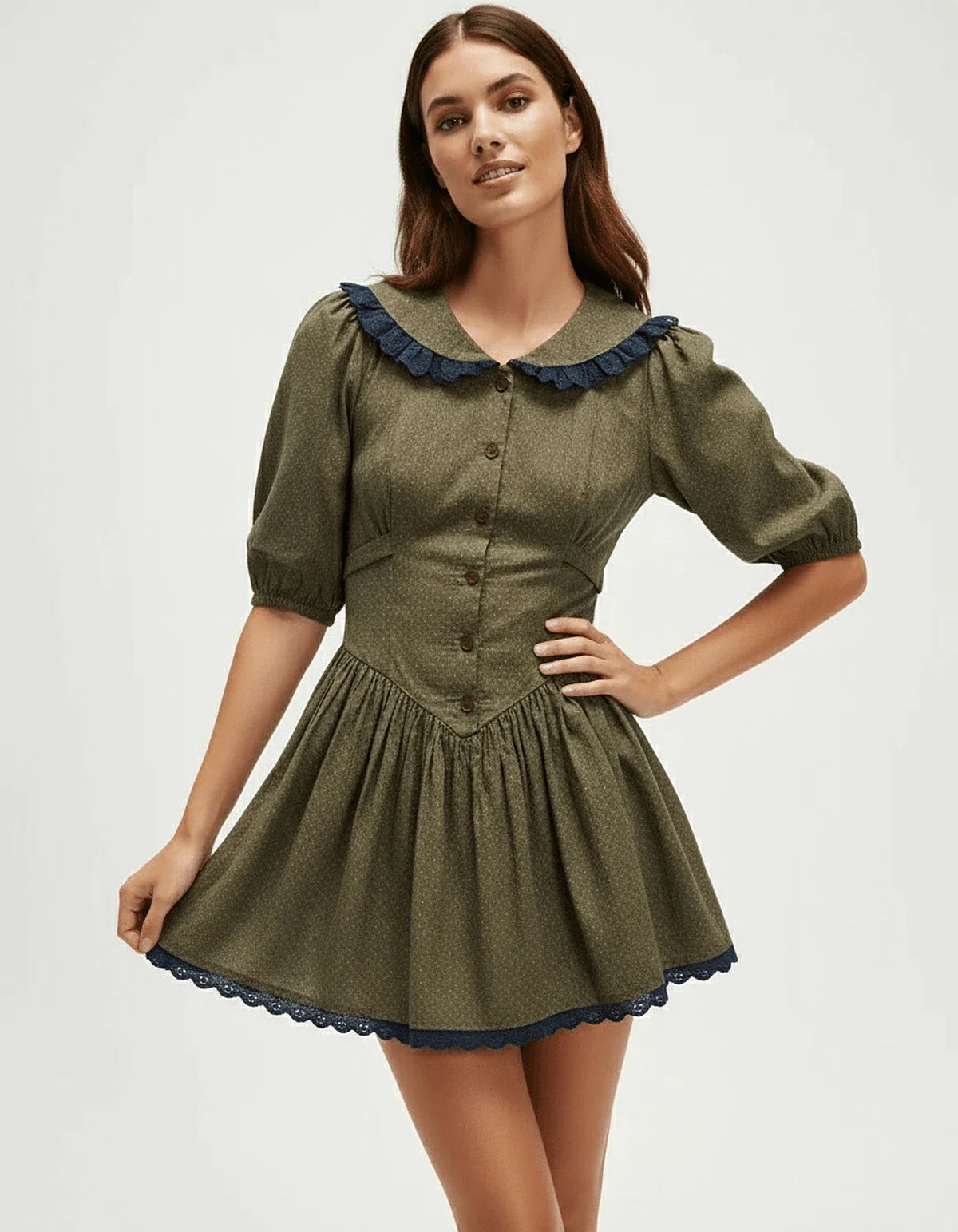 Olive A-line Round Neck Short Sleeve Mini Dress | Wedding Season, front view | Ramblion | SKU: AML-307158492-olive-L-728,AML-307158492-olive-M-1484,AML-307158492-olive-S-3609,AML-307158492-olive-XL-5824,AML-307158492-olive-XS-2260
