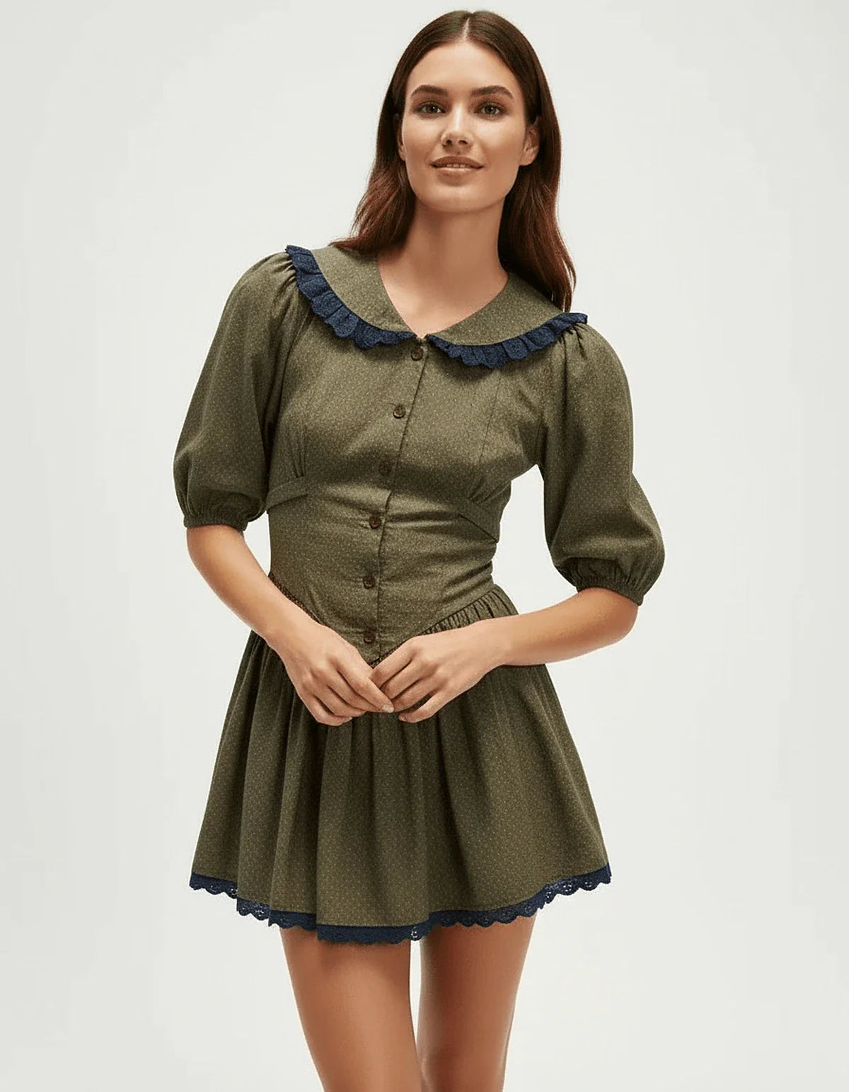 Olive A-line Round Neck Short Sleeve Mini Dress | Wedding Season, front view | Ramblion | SKU: AML-307158492-olive-L-728,AML-307158492-olive-M-1484,AML-307158492-olive-S-3609,AML-307158492-olive-XL-5824,AML-307158492-olive-XS-2260