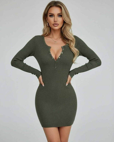 Olive Mini Dress - Stylish bodycon pencil dress with half-open collar in olive green color
