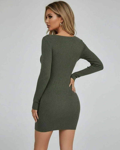 Elegant Olive Mini Dress showcasing a body-hugging silhouette and half-open collar in solid olive green color.