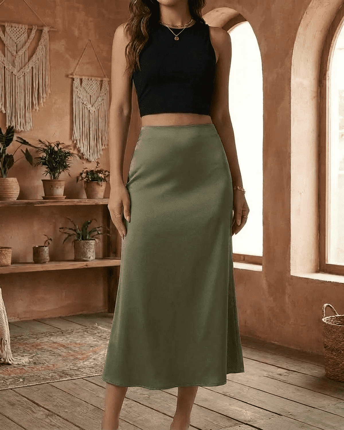 Olivia Midi Skirt by RAMBLION, satin mermaid style, olive green color, flattering fit, perfect for elegant looks.