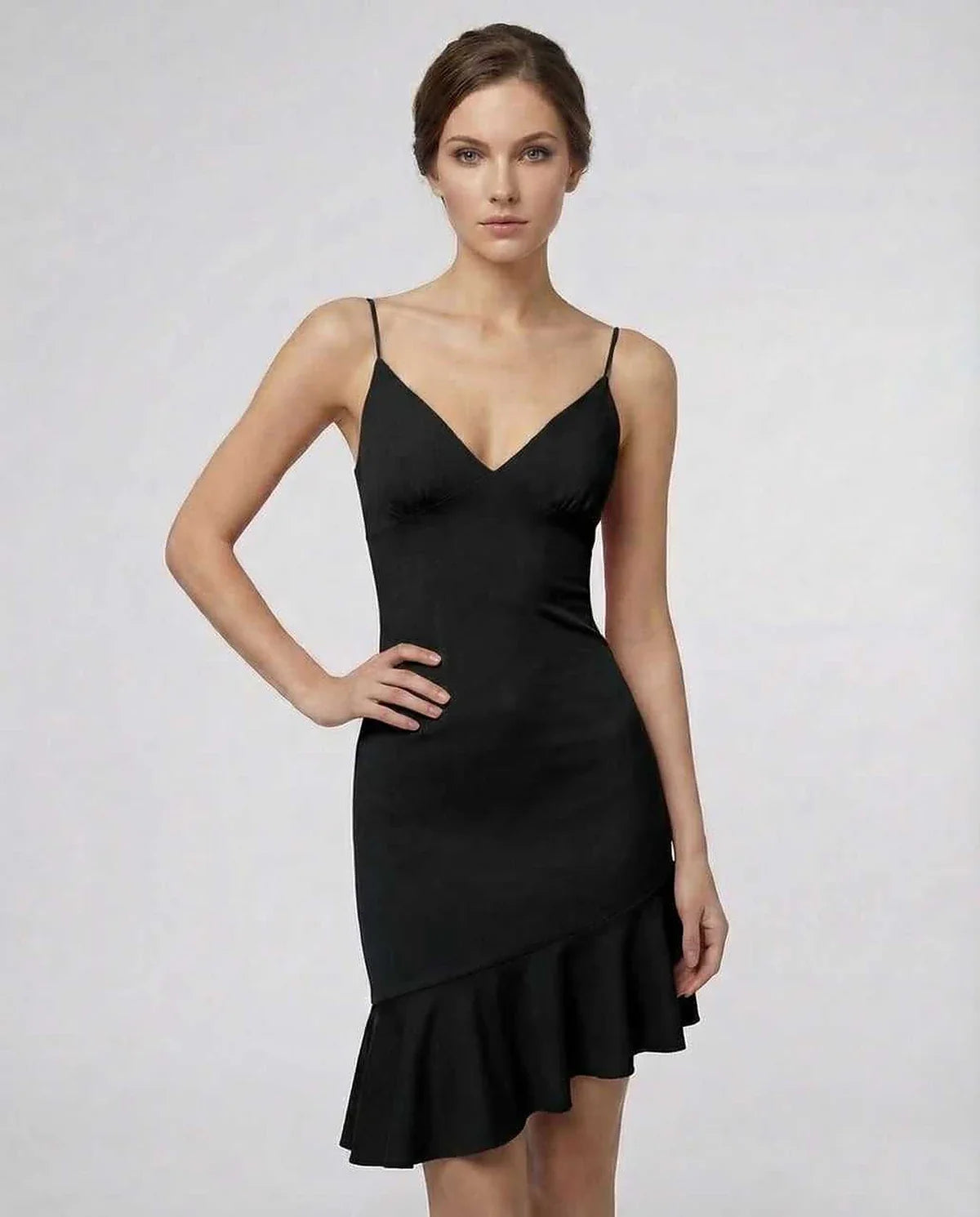 Black A-line V-Neck Sleeveless Mini Dress | Bridal Showers, front view | Ramblion | SKU: NMD-238947561-black-L-9008,NMD-238947561-black-M-1466,NMD-238947561-black-S-6270,NMD-238947561-black-XL-8607,NMD-238947561-black-XS-4951