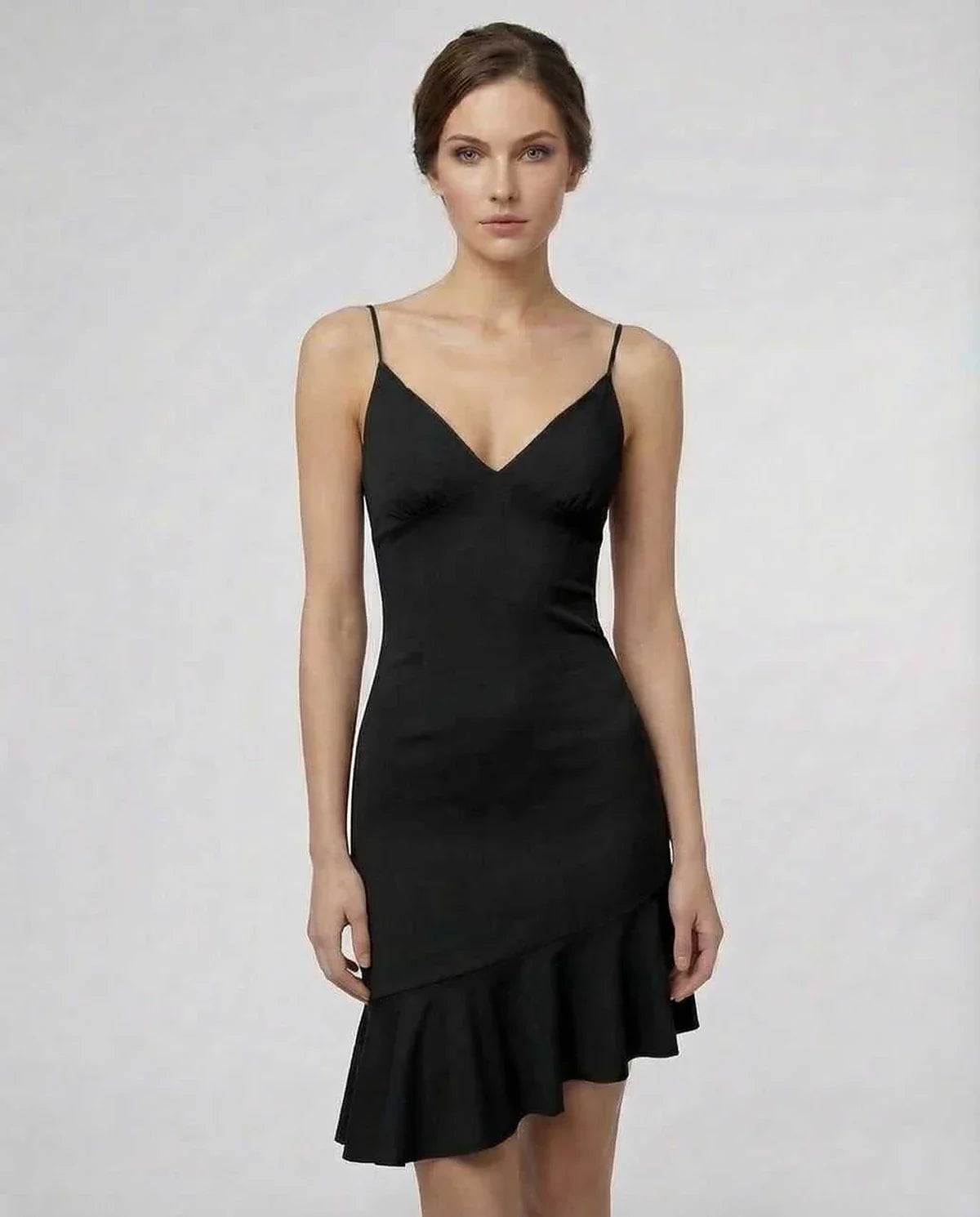 Black A-line V-Neck Sleeveless Mini Dress | Bridal Showers, front view | Ramblion | SKU: NMD-238947561-black-L-9008,NMD-238947561-black-M-1466,NMD-238947561-black-S-6270,NMD-238947561-black-XL-8607,NMD-238947561-black-XS-4951