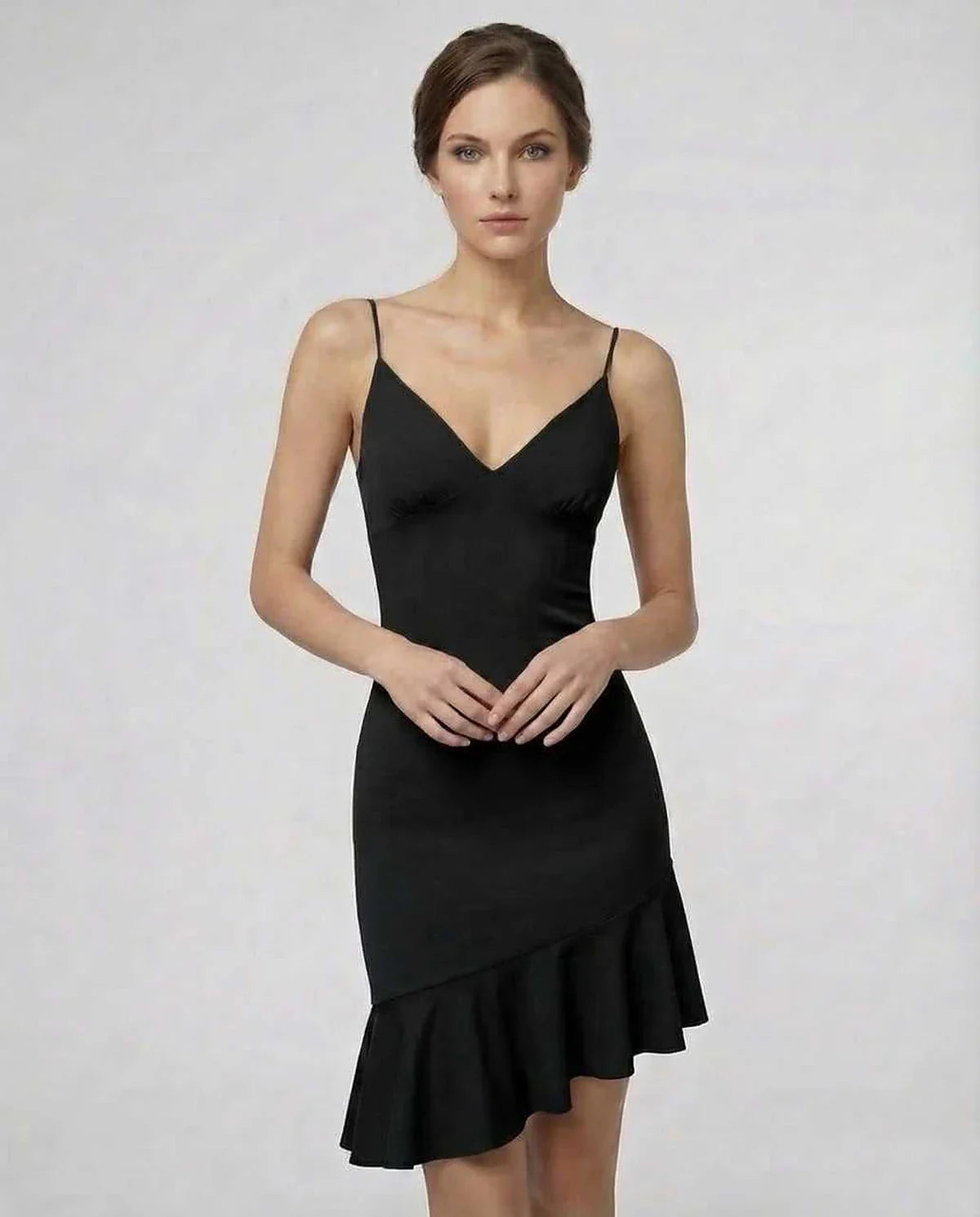 Black A-line V-Neck Sleeveless Mini Dress | Bridal Showers, front view | Ramblion | SKU: NMD-238947561-black-L-9008,NMD-238947561-black-M-1466,NMD-238947561-black-S-6270,NMD-238947561-black-XL-8607,NMD-238947561-black-XS-4951