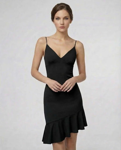 Black A-line V-Neck Sleeveless Mini Dress | Bridal Showers, front view | Ramblion | SKU: NMD-238947561-black-L-9008,NMD-238947561-black-M-1466,NMD-238947561-black-S-6270,NMD-238947561-black-XL-8607,NMD-238947561-black-XS-4951